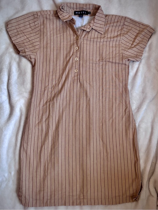 motel Dresses & Skirts - Motel Beige Pinstripe Linen Shirt Dress Mini Collared Button Front Size Small